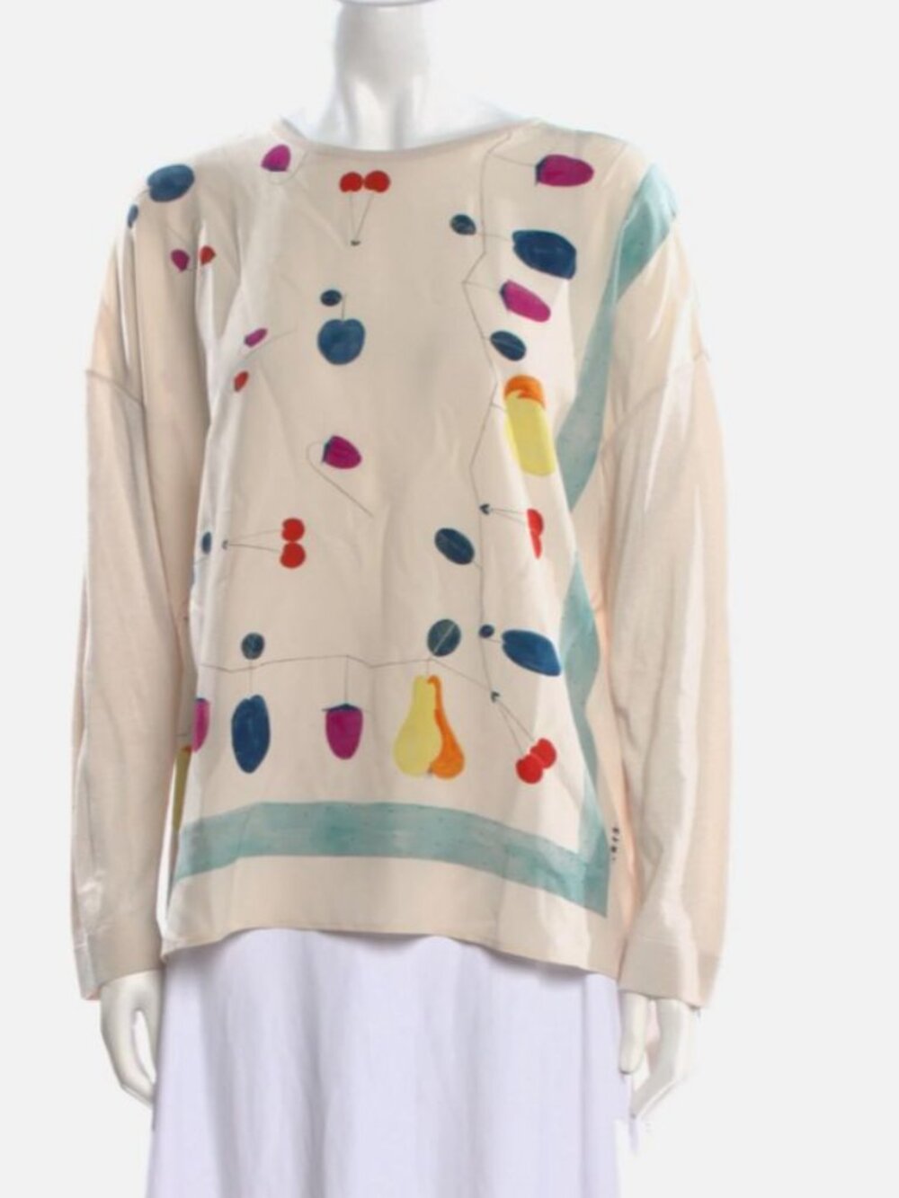 AKRIS Women's Beige Gray Crew Neck Long Sleeve Fruit Print Silk Crepe Top Size 4